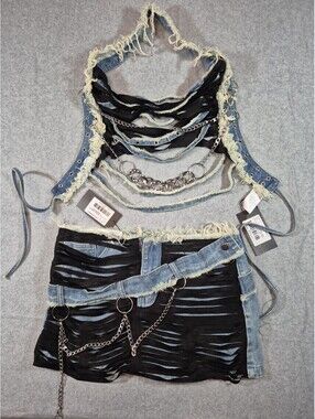 EGO NWT Distressed Chain Denim 2 Piece Set Y2K Grunge Mini Skirt & Cowl Top US 6